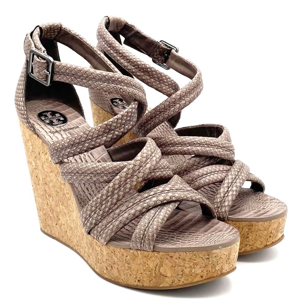 Tory Burch Taupe Reptile Embossed Leather Strappy Cork Wedge Sandals Size 10.5